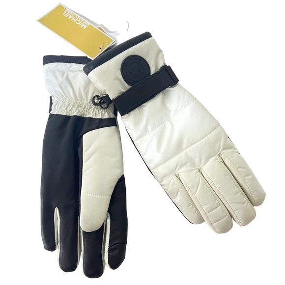 Michael Kors Quilted Black & White Leather Palm Touch Gloves with MK Logo. Sz M - Picture 5 of 16